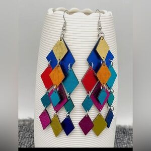 Colorful Geometric Vegan Leather Fringe Dangle Earrings